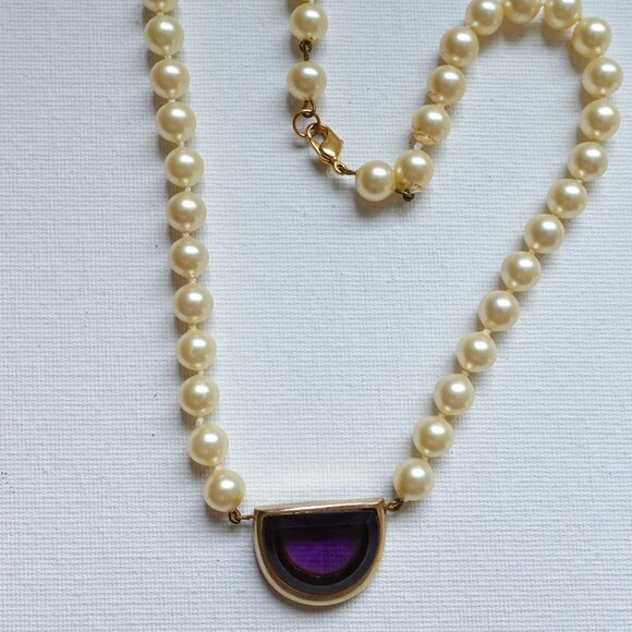 Vintage Faux Pearl Necklace with Purple Stone Accent - Picture 1 of 7
